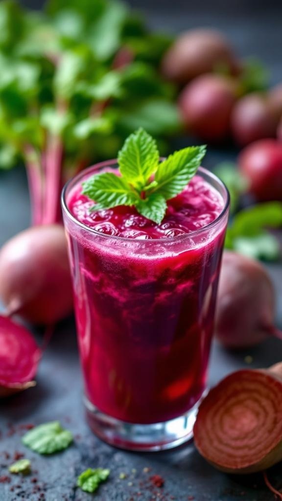 A glass of beetroot juice garnished with mint leaves, surrounded by fresh beetroots.