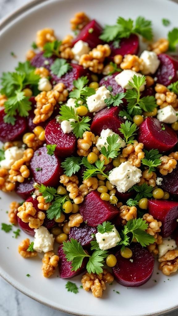 A colorful beet salad with diced beets, walnuts, and fresh herbs.