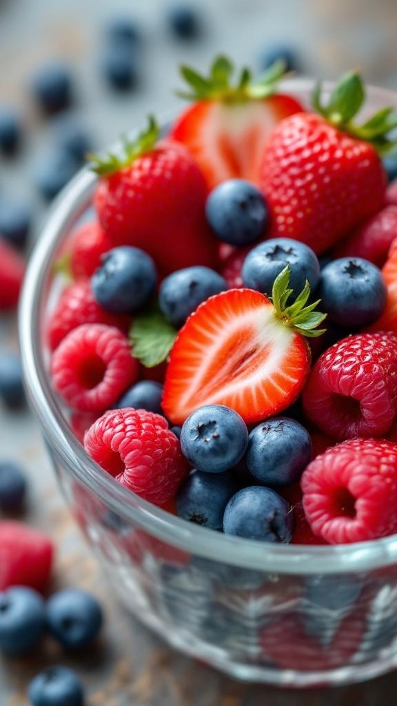 A bowl filled with fresh strawberries, blueberries, and raspberries.