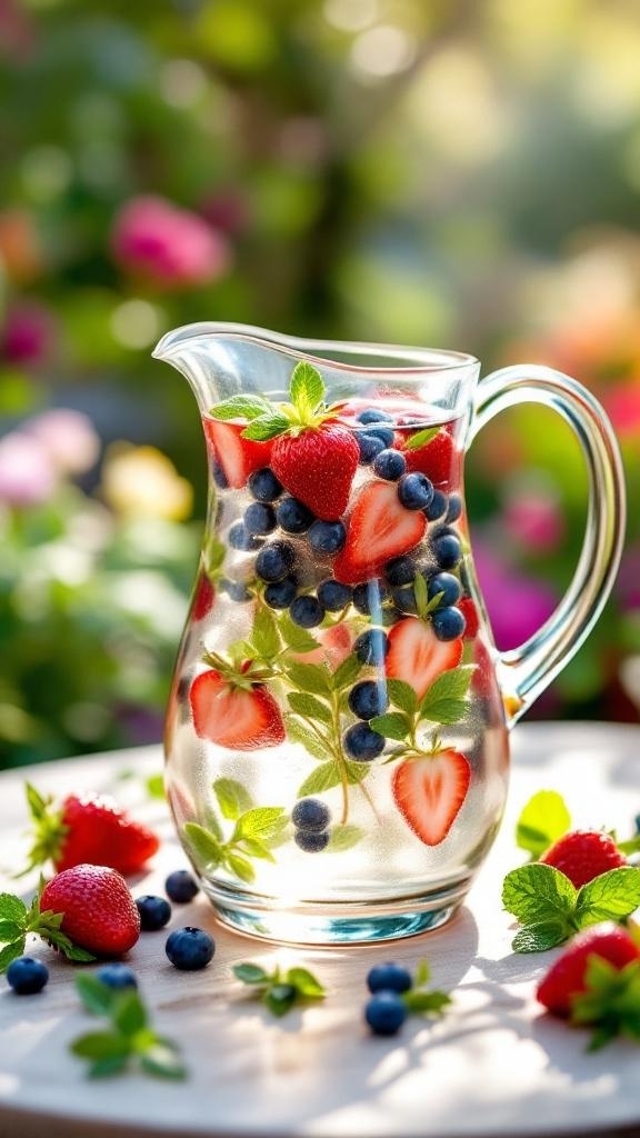 A pitcher of berry-mint detox water with strawberries, blueberries, and mint leaves.