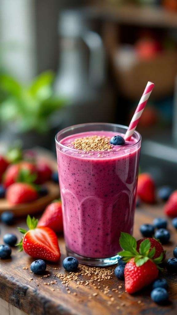 A vibrant berry and flaxseed smoothie in a glass, garnished with a blueberry and flaxseeds, surrounded by fresh strawberries and blueberries.