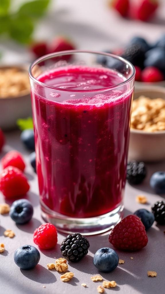 A glass of Berry Antioxidant Detox Juice surrounded by fresh berries and granola.
