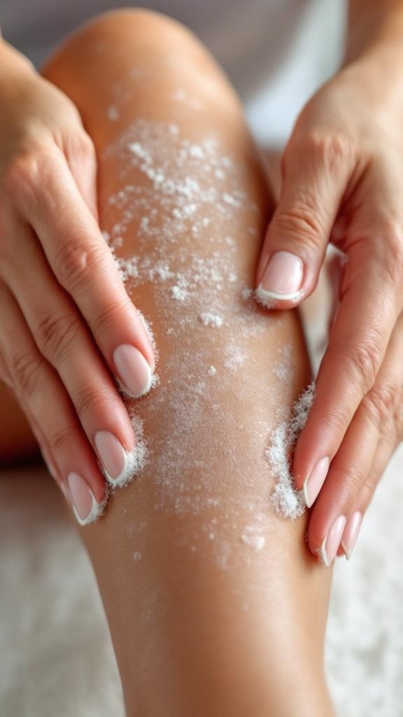 A person applying an exfoliating scrub to their leg, demonstrating skin care techniques.
