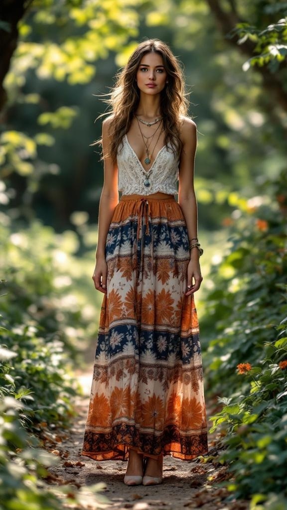 A model wearing a flowy maxi skirt with a lace top in a green outdoor setting.