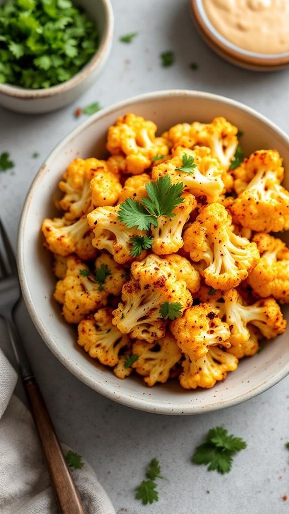 Bowl of spicy roasted cauliflower garnished with cilantro