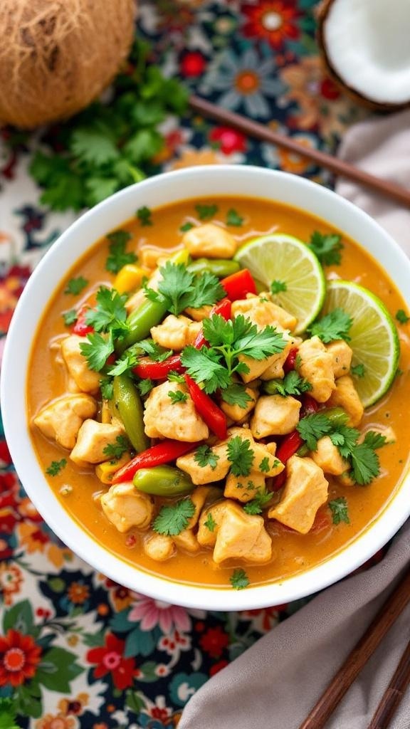 A bowl of Thai coconut curry with chicken, bell peppers, and green beans, garnished with cilantro and lime.