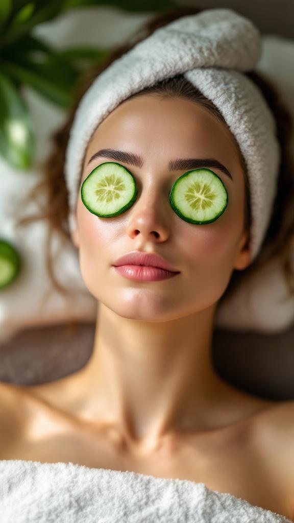A woman relaxing with cucumber slices over her eyes, looking calm and refreshed.