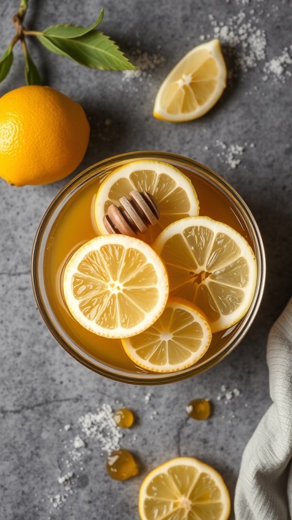 A bowl of honey with lemon slices, set against a soft fabric background.