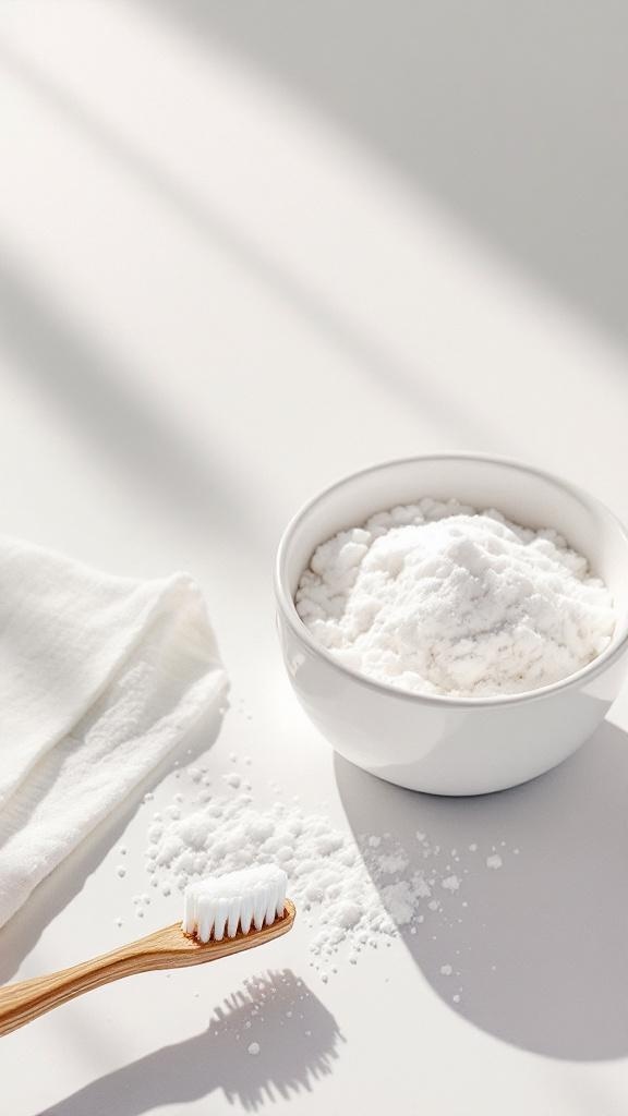 A bowl of baking soda with a toothbrush on a white surface