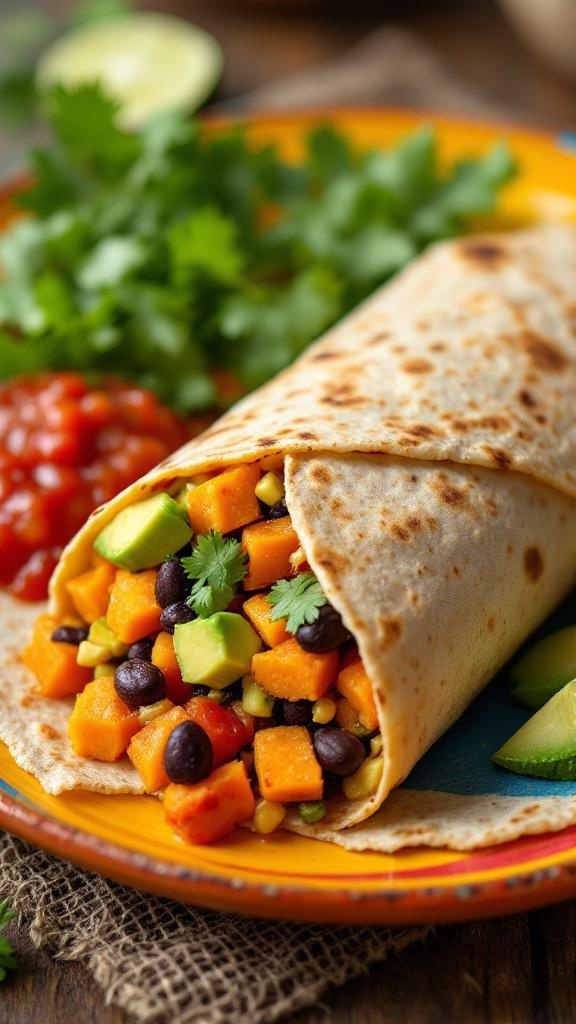 A vegan breakfast burrito filled with sweet potatoes, black beans, and avocado, served with fresh salsa and lime.
