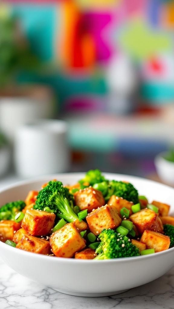 A colorful bowl of broccoli and tofu stir-fry with green onions and sesame seeds.