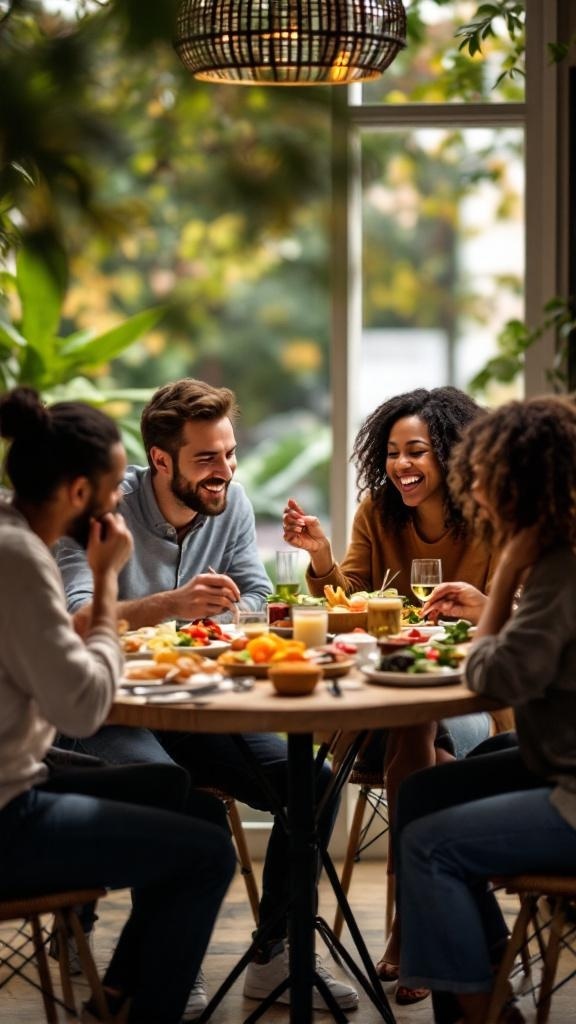 A group of friends enjoying a meal together at a table filled with healthy food.