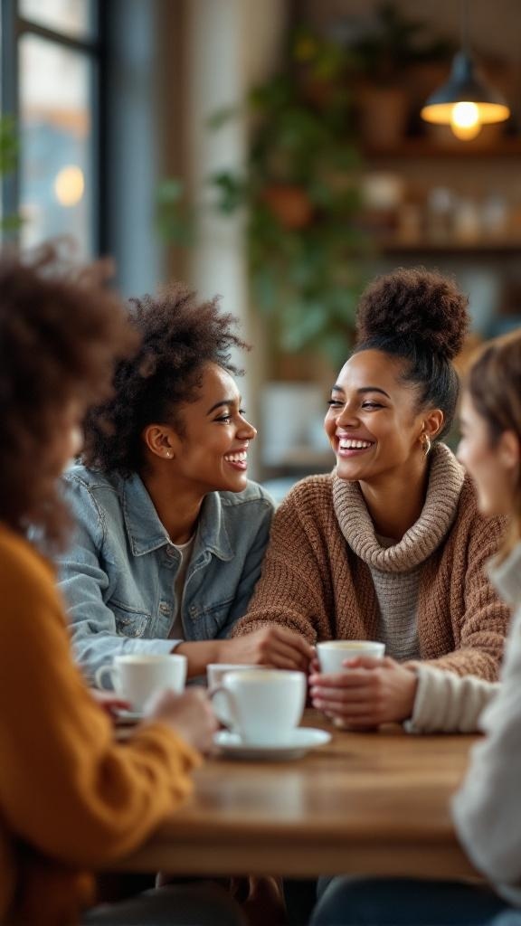 A group of friends laughing and enjoying coffee together in a cozy cafe.