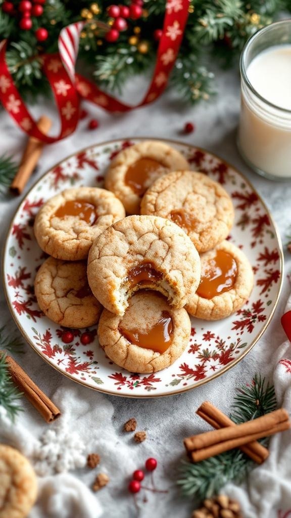 A plate of caramel-stuffed snickerdoodles with a glass of milk and festive decorations.