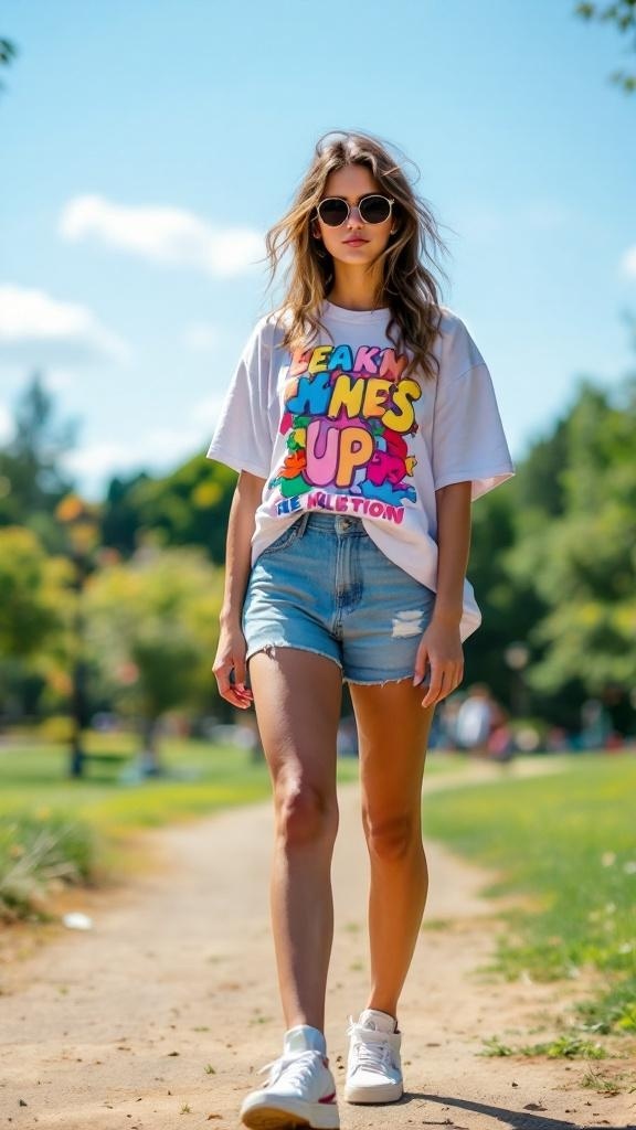 A young woman wearing a colorful graphic tee and denim shorts, walking in a park.