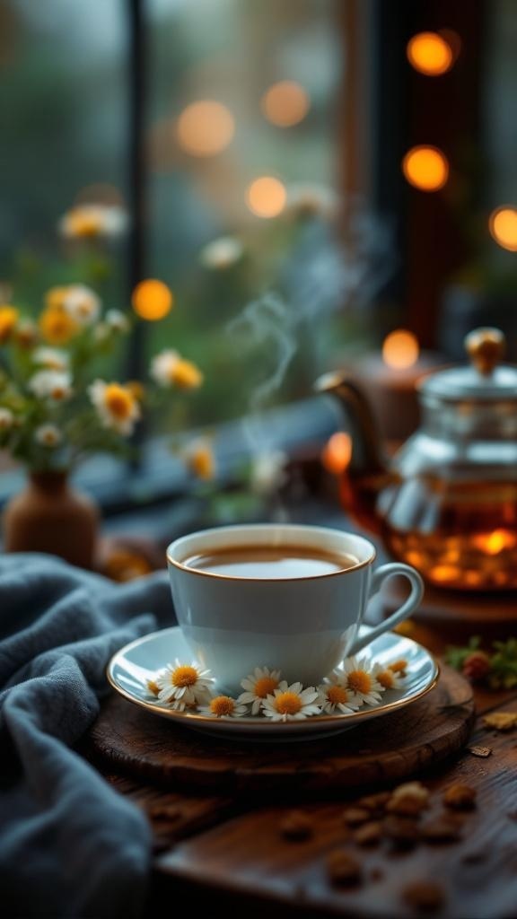 A steaming cup of chamomile tea surrounded by daisies, with a cozy atmosphere.