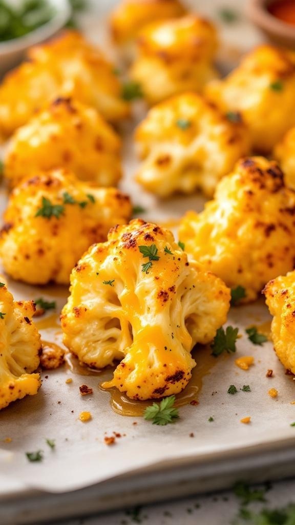 Cheesy cauliflower bites on a baking sheet, garnished with parsley.