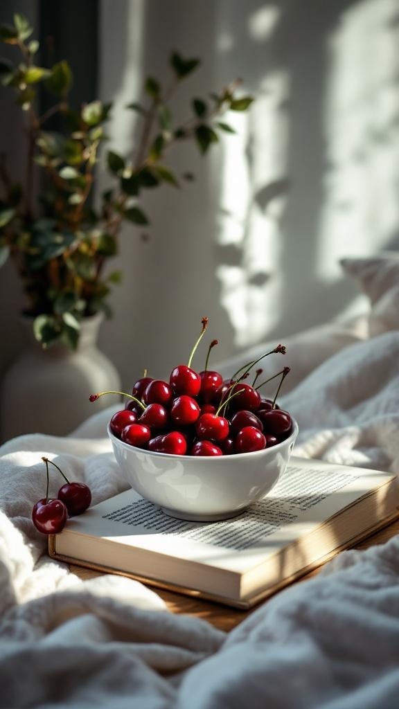 A bowl of fresh cherries on an open book with soft blankets in the background.
