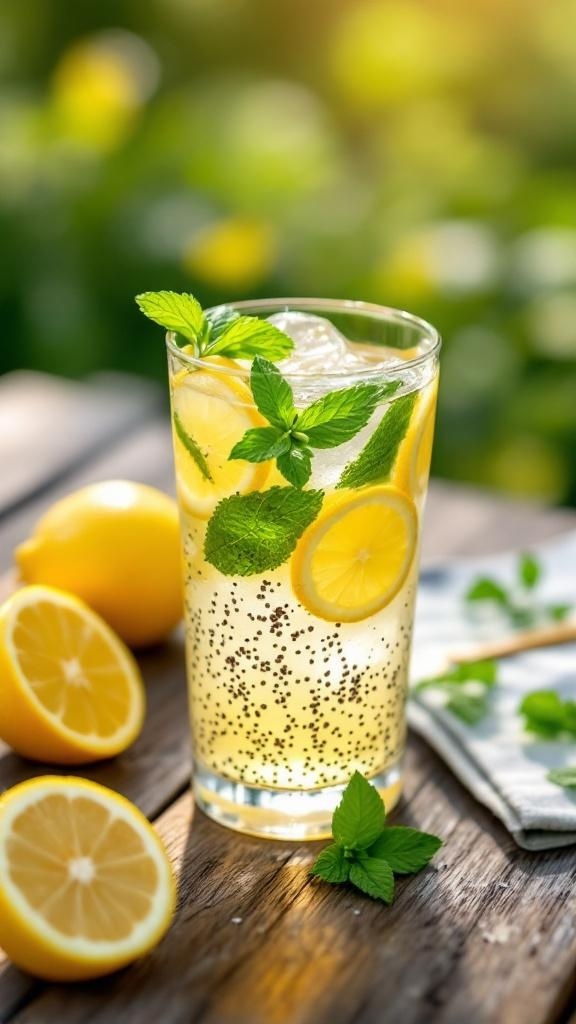 A refreshing glass of Chia Seed Lemonade with lemon slices and mint leaves