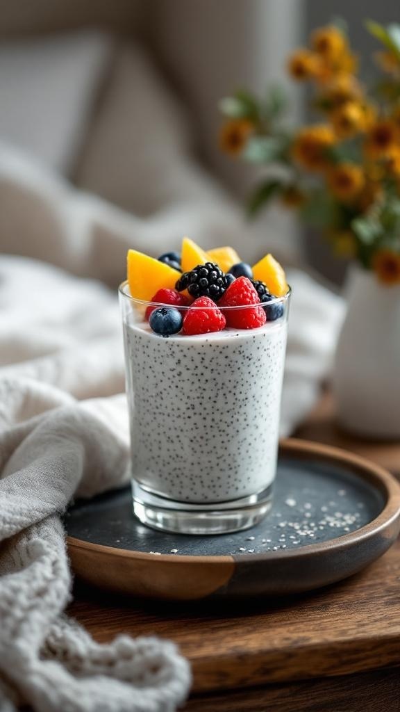 A glass of chia seed pudding topped with fresh fruits like raspberries, blueberries, blackberries, and mango, placed on a wooden tray.