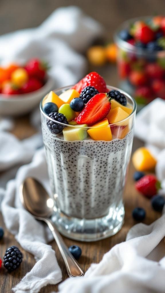 A glass of chia seed pudding topped with mixed fruits.