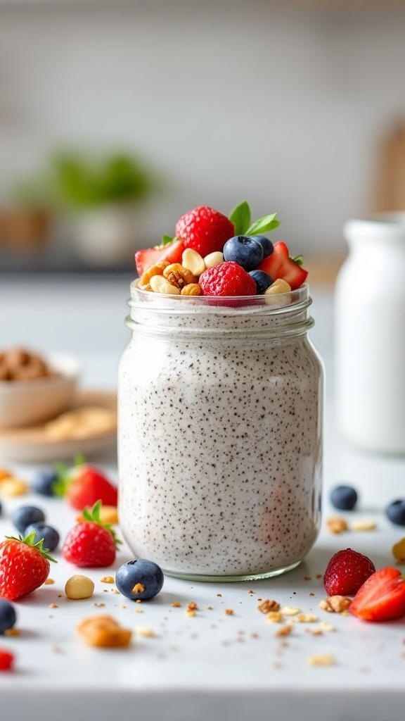 A jar of chia seed pudding topped with strawberries, blueberries, and nuts, surrounded by scattered berries and nuts on a white surface.