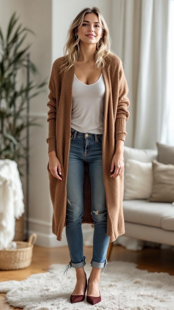 A woman wearing a long brown cardigan over a white tank top and blue jeans, paired with burgundy kitten heels.