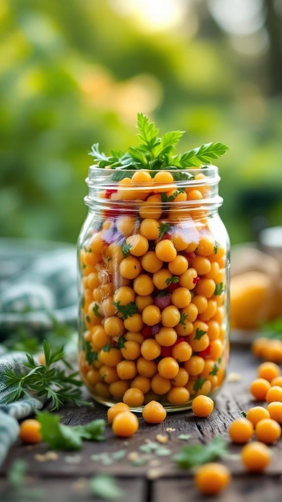 A jar filled with colorful chickpeas and fresh herbs, sitting on a wooden table.