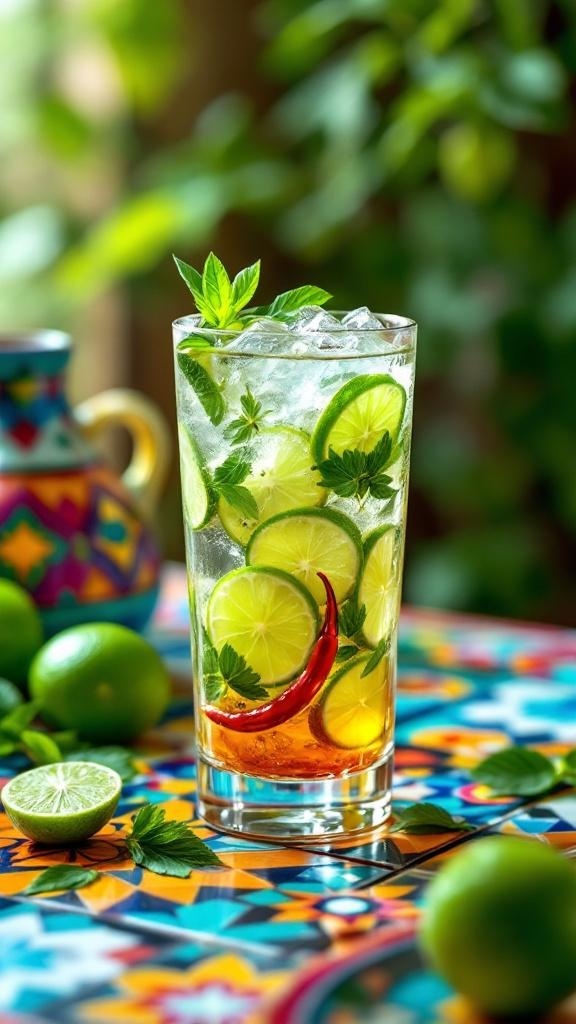 A refreshing glass of detox water with lime slices, mint leaves, and a chili pepper on a colorful table.