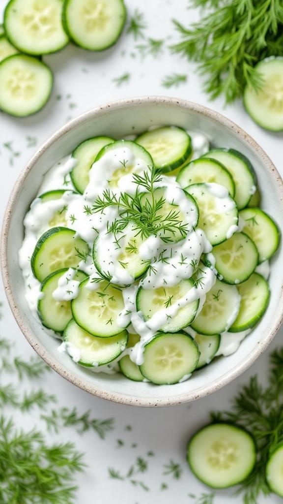 A bowl of chilled cucumber and dill salad with sliced cucumbers and fresh dill on top.