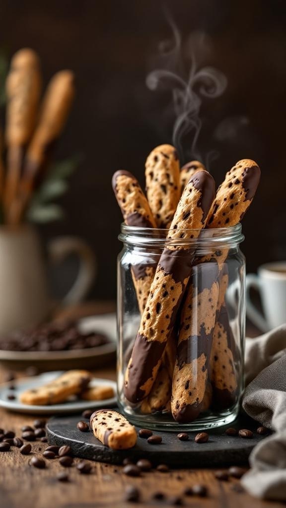 A jar filled with chocolate-dipped biscotti, surrounded by coffee beans and a cozy setting.