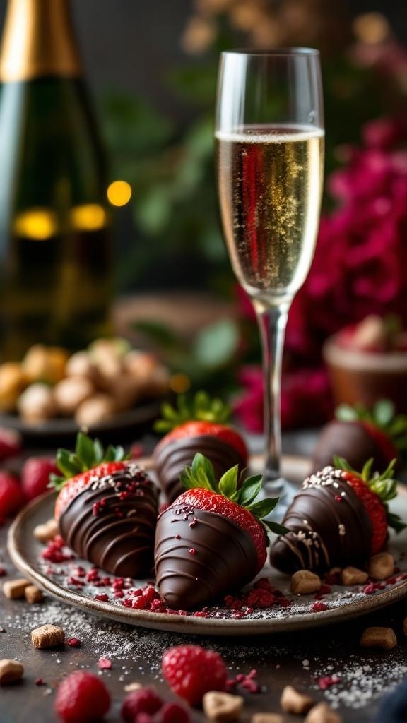 A plate of chocolate-dipped strawberries next to a glass of champagne.