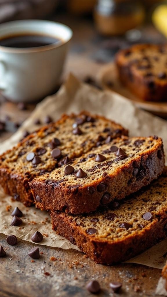 Slices of chocolate chip banana bread with chocolate chips on top, next to a cup of coffee.