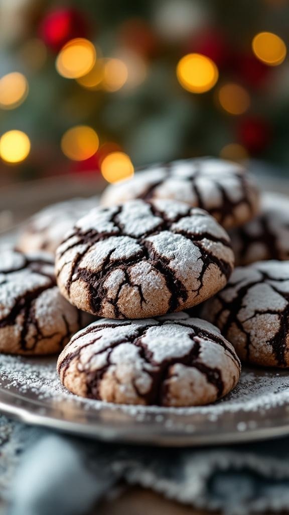 A plate of chocolate crinkle cookies dusted with powdered sugar, set against a festive background with holiday lights.