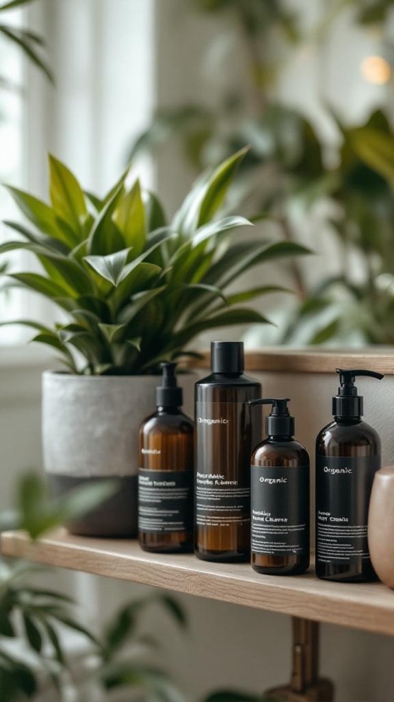 A selection of organic hair care products on a shelf with plants in the background.