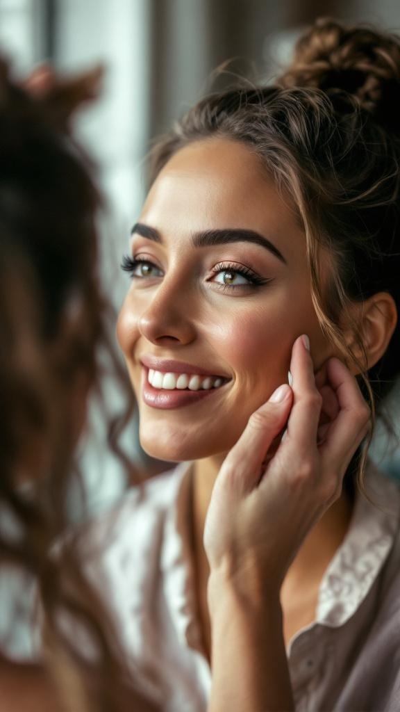 A woman smiling while having her makeup applied, showcasing glowing skin.