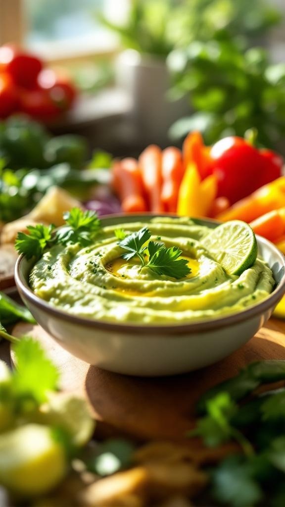 A bowl of cilantro lime hummus topped with cilantro and lime, surrounded by colorful fresh vegetables.