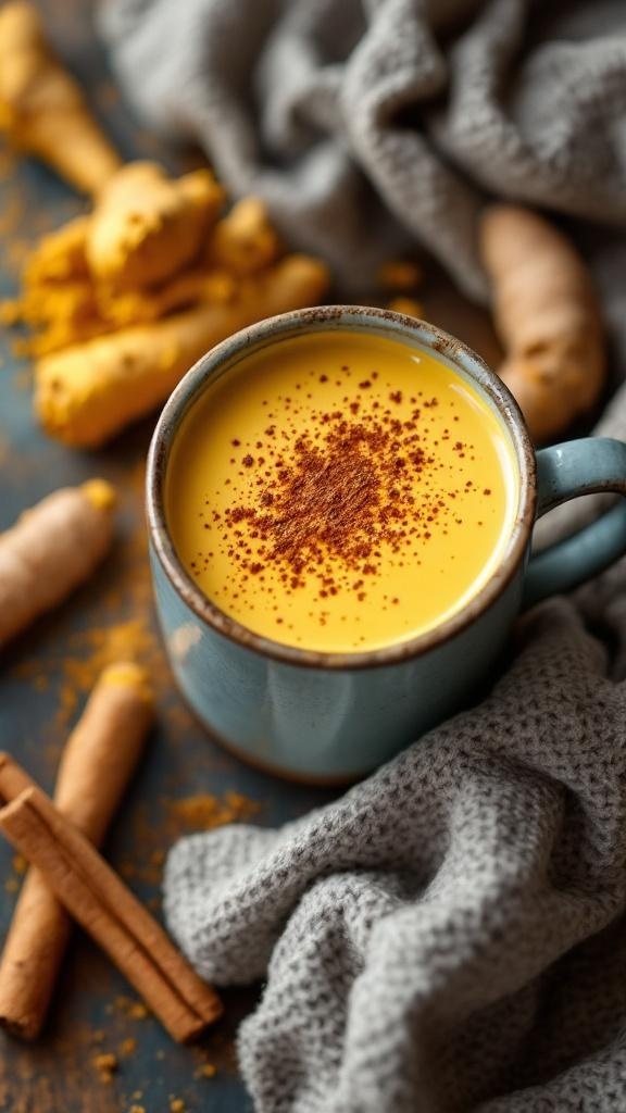 A cup of golden milk with cinnamon and turmeric, surrounded by fresh turmeric roots and cinnamon sticks