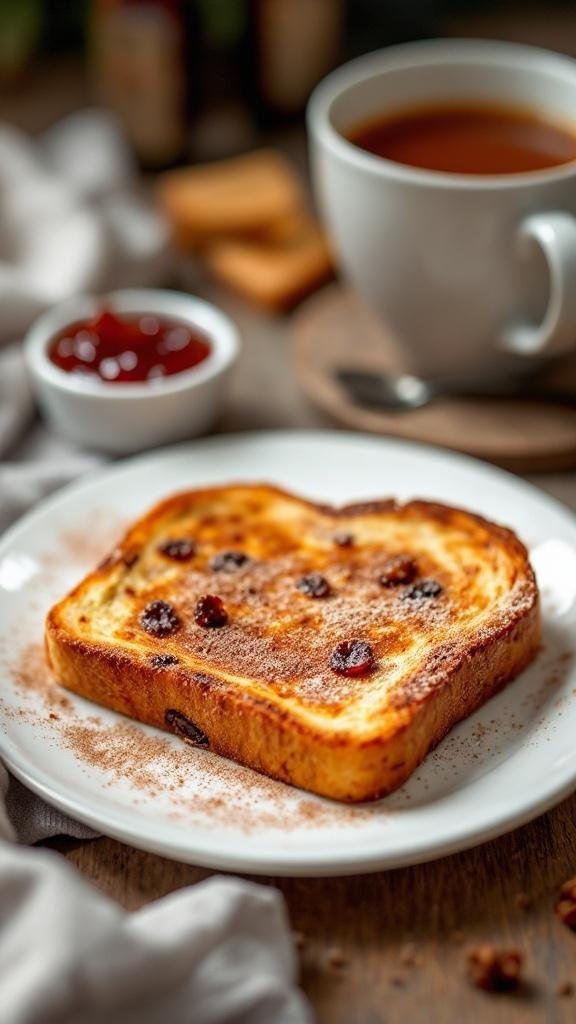 A plate of cinnamon raisin toast with a cup of tea and a small bowl of jam