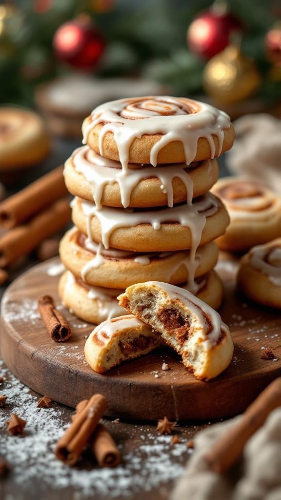 A stack of cinnamon roll cookies drizzled with icing, with cinnamon sticks and festive decorations around.