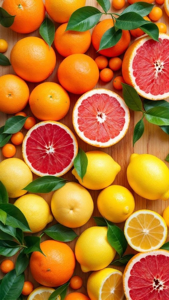 A variety of citrus fruits including oranges, lemons, and grapefruits arranged on a wooden surface.