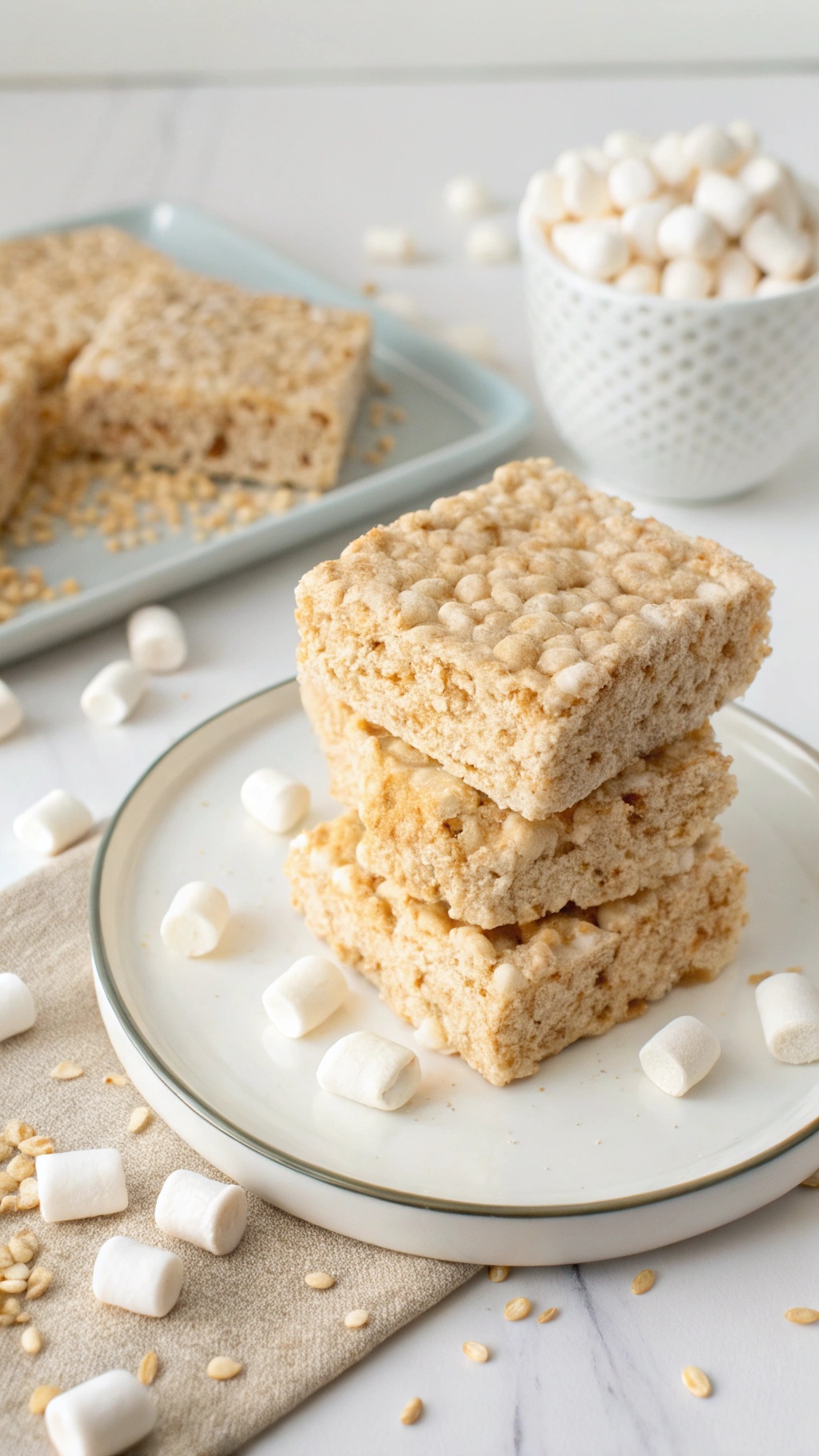 A stack of rice crispy treats on a plate, surrounded by mini marshmallows and rice cereal.