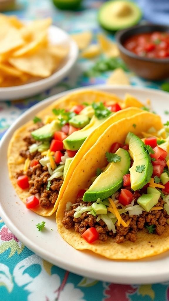 Delicious beef tacos with toppings on a plate