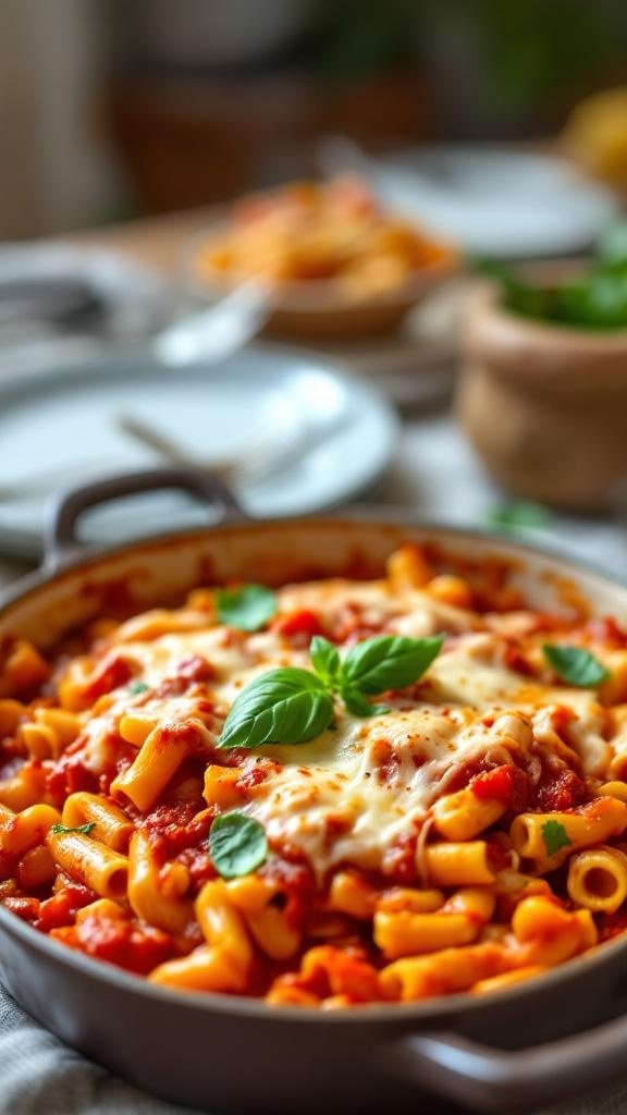 A dish of baked ziti topped with cheese and basil, ready to serve.