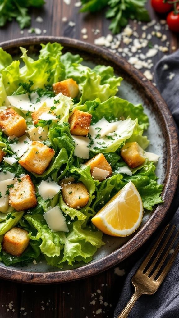 A classic Caesar salad with romaine lettuce, croutons, Parmesan cheese, and a lemon wedge.