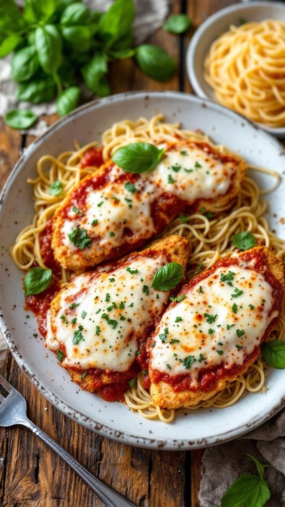 A plate of Chicken Parmesan served with spaghetti and garnished with fresh basil.