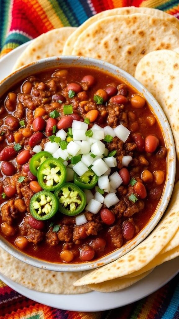 A bowl of classic chili con carne topped with fresh onions, jalapeños, and cilantro, served with tortillas on the side.