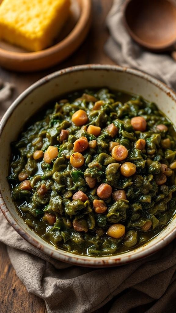 A bowl of Southern collard greens with beans, served with cornbread on the side.