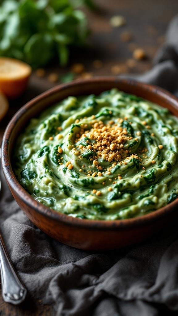 A bowl of classic creamed spinach topped with breadcrumbs, set on a rustic table.