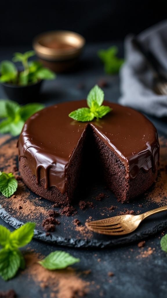 A rich flourless chocolate cake with a glossy ganache topping and mint leaves for garnish.
